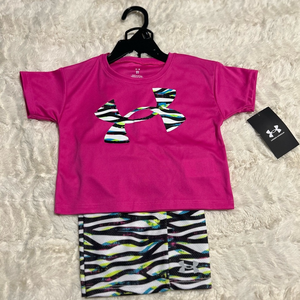 NWT Under Armour Toddler Girls Pink T-Shirt & Zebra Shorts Set | Size 2T